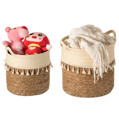 Decorative Round Storage Basket Set of 2 with Woven Handles for the Playroom, Bedroom, and Living Room