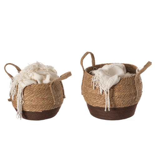 Straw Decorative Round Storage Basket Set of 2 with Woven Handles for the Playroom, Bedroom, and Living Room
