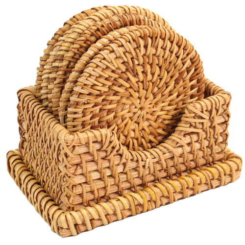 Honey Brown Set of 6 Round Natural Rattan Placemats with Rectangular Holder
