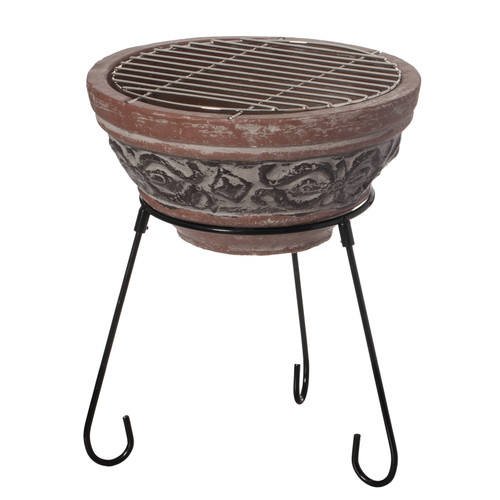 Outdoor Small Red and Gray Clay Grill Accent Design Charcoal Burning Fire Pit with Sturdy Metal Stand, Barbecue, Cocktail Party, Family Gathering, Cozy Nights Fire Pit