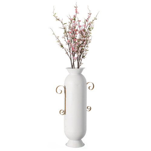 Decorative White Metal Floor Vase With 2 Gold Handles for Entryway, Living Room or Dining Room