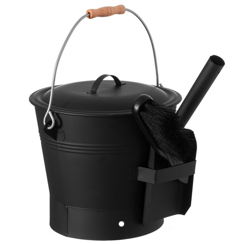 Black Iron Ash Bucket with Lid and Wood Handle Brush Use for Fire Pit, Wood Burning Stove and Grill