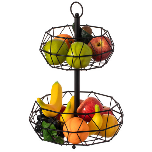 2 Tier Free Standing Countertop Fruit Basket for Kitchen | Detachable Carbon Steel Stable Fruit Storage Organizer for Breads, Snacks, and Vegetable, Black
