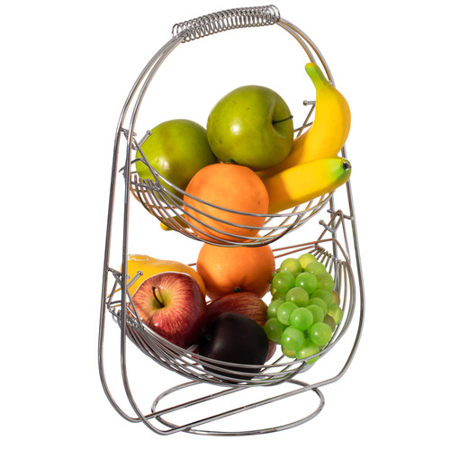 2 Tier Metal Fruit Holder Swing Basket for Kitchen | Detachable Countertop Vegetables Storage Organizer with Display Hammock Stand for Farmhouse, Living Room, Dining Room