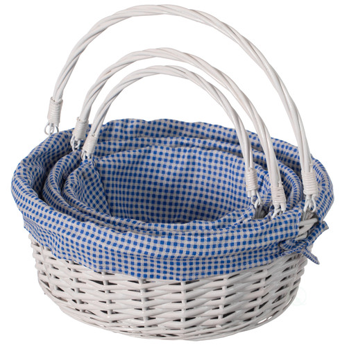 Traditional White Round Willow Gift Basket with Gingham Liner and Sturdy Foldable Handles, Food Snacks Storage Basket