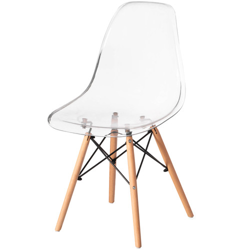 Mid-Century Modern Style Dining Chair with Wooden Dowel Eiffel Legs, DSW Transparent Plastic Shell Accent Chair