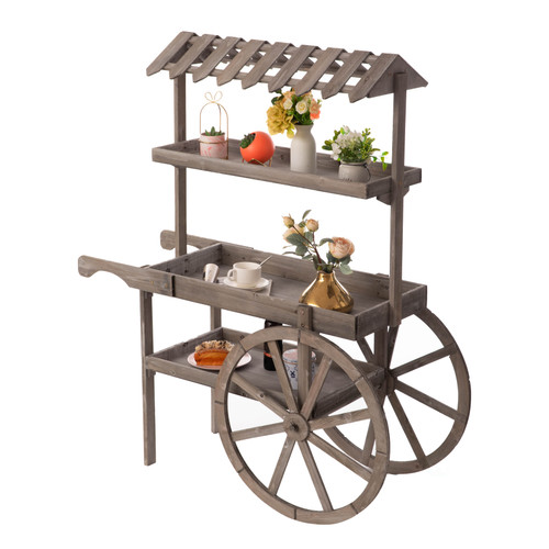 Antique Rustic Solid Wood decor Display Rack Cart Wood Plant Stand 3 Tier with Wheels for Display, Wood Wagon with Shelves for Plants and More