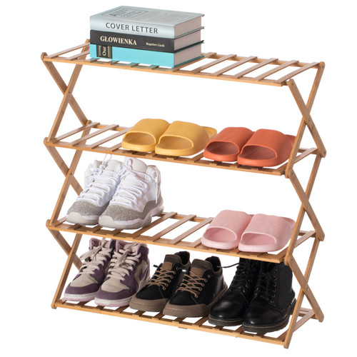 Bamboo Foldable Shoe Rack, Free Standing Shoe Organizer Storage Rack