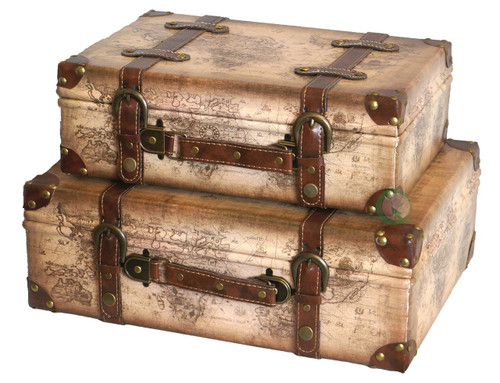 Old World Map Leather Vintage Style Suitcase with Straps-Set of 2