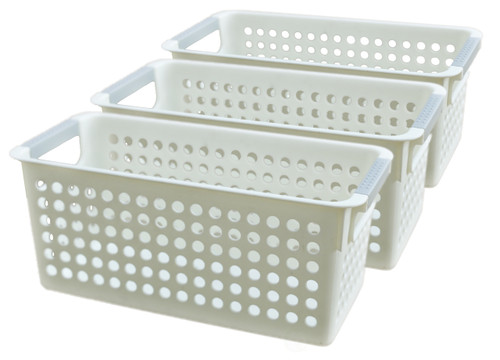 White Rectangular Plastic Shelf Organizer Basket with Handles