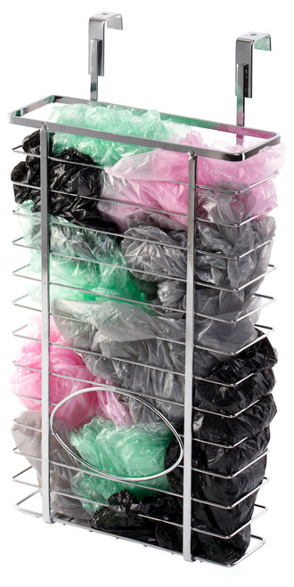 Durable Chrome Metal Grocery Bag Holder – Multi-Functional Over-the-Cabinet and Over-the-Door Organizer for Maximizing Kitchen Storage, Ideal for Neatly Storing and Recycling Plastic Bags with Ease