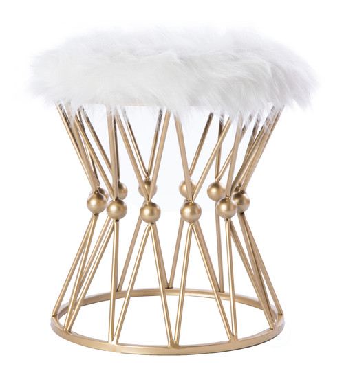 Round Gold Metal Stool with White Fur Top