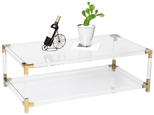 Rectangular Acrylic Modern Gold Metal Coffee Table with Tempered Glass and Shelf