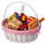 Traditional White Round Willow Gift Basket with Gingham Liner and Sturdy Foldable Handles, Food Snacks Storage Basket