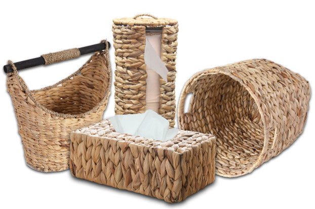 Rustic Water Hyacinth Vanity Bathroom Set, Set of 4 - Magazine Basket, Tissue Roll Holder, Tissue Box Cover, and Wastebasket