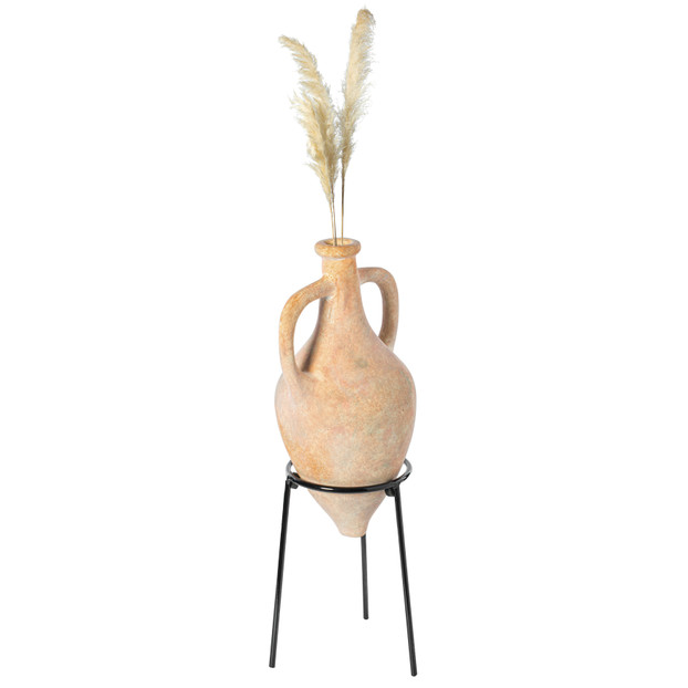 Antique Style Floor Vase, Old Fashioned Style Magnificent Amphora, Decorative Large Tall Vase with Intricate Detailing, Unique Beige Vase on Slim Black Metal Tripod Stand, 21-Inch-Tall
