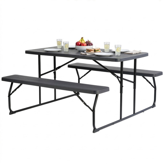 Gray Folding Picnic Table Set with Benches, Woodgrain Plastic Outdoor Dining Table with Steel Frame, Portable Foldable Picnic Bench Table for Patio, Backyard, Camping, Park, Seats 6