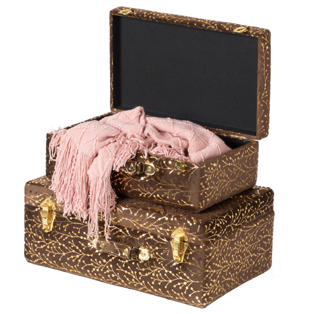 Decorative Tufted Velvet Suitcase Treasure Chest Set of 2, Brown