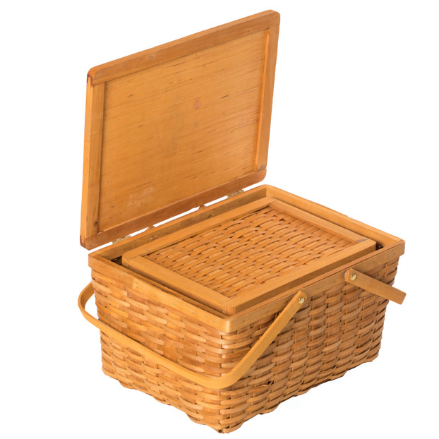 Woodchip Picnic Storage Basket with Cover and Movable Handles