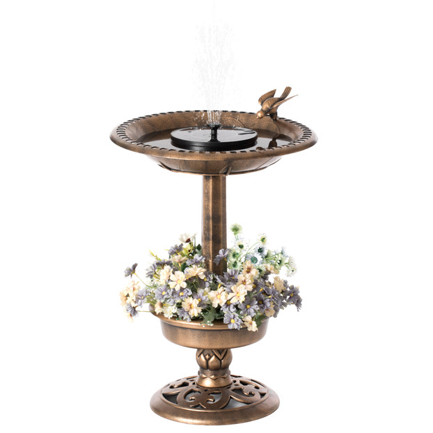 Outdoor Garden Bird Bath and Solar Powered Round Pond Fountain with Planter Bowl, Copper Outdoor Garden Bird Bath and Solar Powered Round Pond Fountain with Planter Bowl, Copper