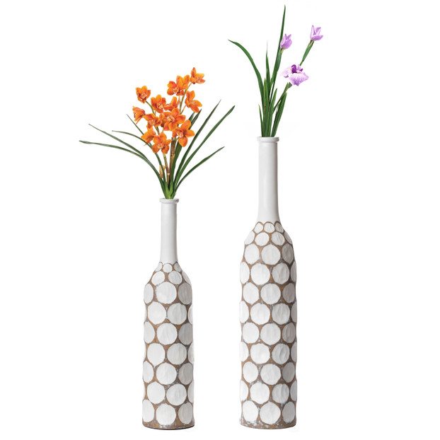Decorative Contemporary Floor Vase White Carved Divot Bubble Design with Tall Neck