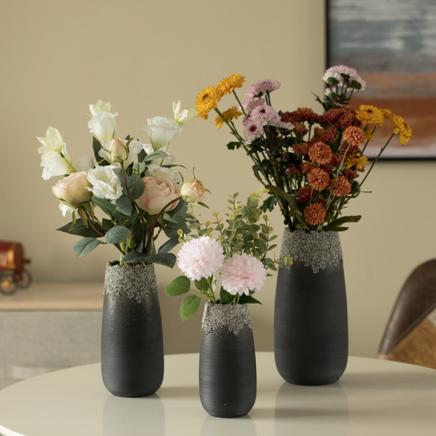 Modern Farmhouse Home Décor Accents; Boho Vases for Table Decor, Housewarming Gifts, Black Ceramic Table Vase with Dripping Crystal Look and Scalloped Opening Design