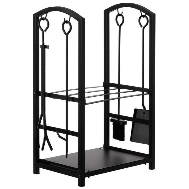 Indoor and Outdoor Patio Iron Firewood Log Cart with Fireplace Tool Rack, Black