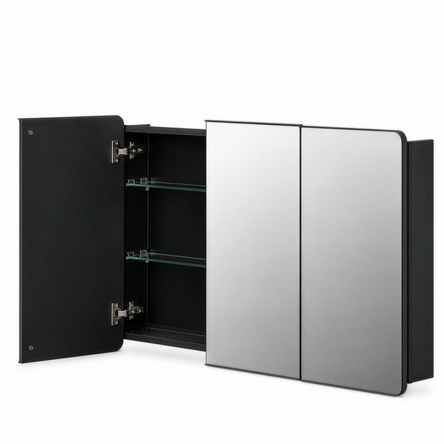 Basicwise 3-Door Aluminum Bathroom Medicine Cabinet, Round Corner Framed Door - Versatile Recessed Medicine Cabinet or Surface Mount, Mirrored Door Cabinet with Adjustable Glass Shelves, Matte Black