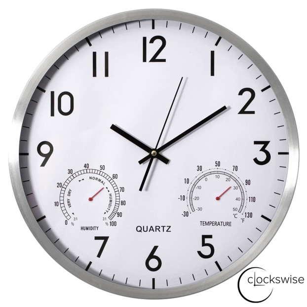 Clockswise Non-Ticking Quartz Wall Clock with Thermometer & Hygrometer - Battery Operated Aluminum Analog Clock for Temperature & Humidity Monitoring - Ideal for Home, Office or School, Silver