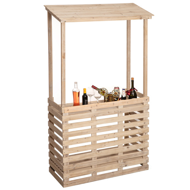 Vintiquewise Multi-Use Wooden Outdoor Bar Counter with Roof - Garden & Patio Serving Station Backyard Drink & Snack Bar Lemonade Stand Event Booth for Home Parties Wedding BBQ & Seasonal CelebrationPatio Bar Table with Roof