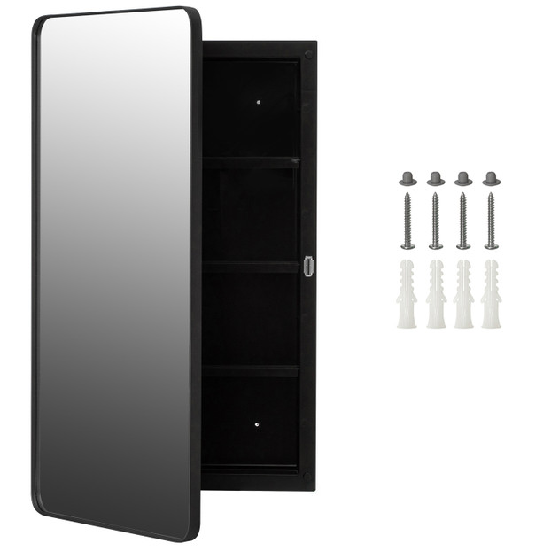 Basicwise Plastic Medicine Cabinet Recessed or Surface Wall Mount Rectangular Design with Rounded Corners and Mirrored Door Frame Bathroom Storage for Everyday Organization