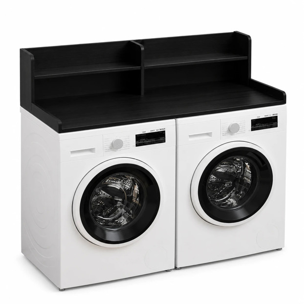 Basicwise 54" Washer and Dryer Countertop Organizer Rack with Raised Split-Level Shelf Laundry Machine Topper Folding Clothes Surface Space-Saving Storage Solution for Organized Laundry Rooms