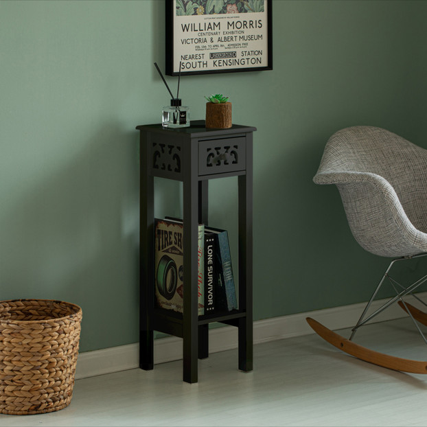 Acacia Wood Slim Bedside Table with Minimalist Design and Space-Saving Functionality, Wood Drawer and Open Shelf Side Table