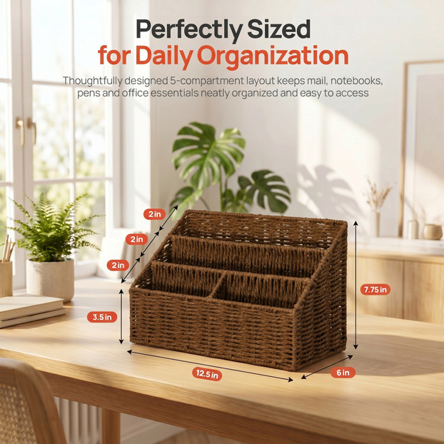 Wickerwise Handwoven Paper Rope Desktop Organizer for Mail & Files