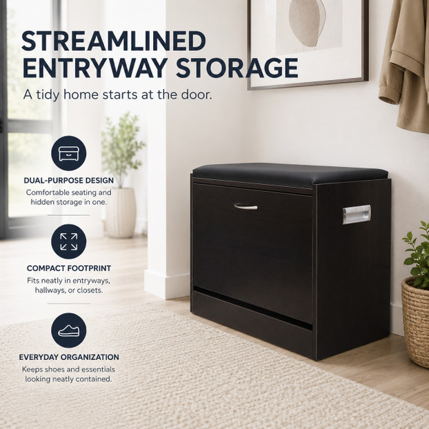 Basicwise Shoe Storage Bench with Leather Cushion – Classic Black Wooden Entryway, Fold-Out Hidden Double Shoe Rack, Easy Assembly, Comfortable Seat, Mudroom & Foyer Organizer