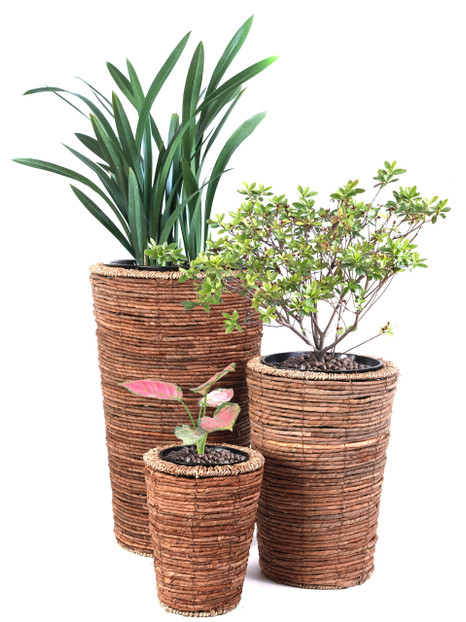 Wicker Banana Rope Tall Floor Planter with Metal Pot