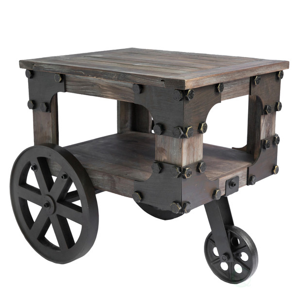 Industrial Wagon Style Small Rustic End Table with Storage Shelf and Wheels
