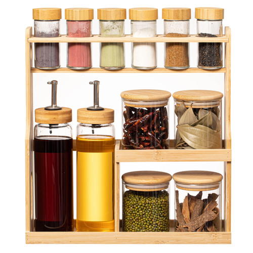 Basicwise 3-Tier Bamboo Spice Rack with 6 Spice Shaker Bottles, 4 ...