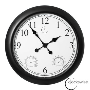 Large Outdoor Wall Clock Thermometer Combo, Waterproof Hygrometer Silent Battery Operated Clocks Timepiece Garden Weather Master Station for Home Indoor or Patio Pool Photography Props Black
