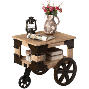 Vintiquewise Farmhouse Wagon-Style End Table with Storage Shelf & Rolling Wheels Vintage Wood Accent Table for Living Room Bedroom or Entryway Compact Decorative Multi-Functional & Stylish Display