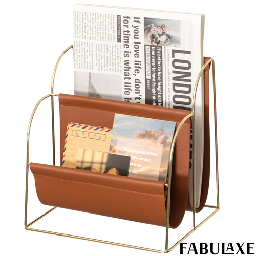 Fabulaxe Gold-Tone Metal Magazine Rack with Brown Faux Leather