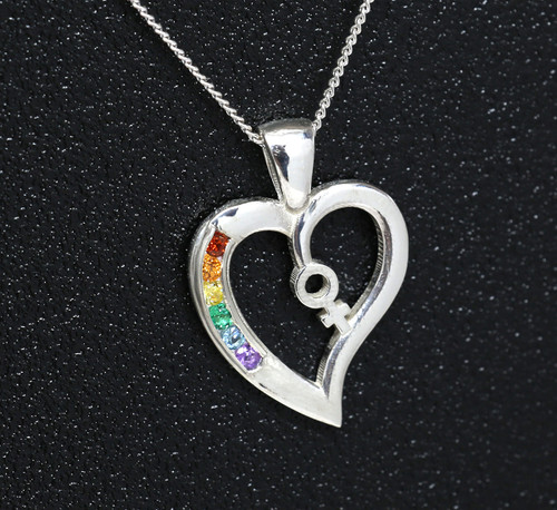 Sterling Silver Female Rainbow Heart pendant set with Semi Precious Natural stones