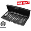 Grab one of these super 11-PC Damaged Torx* Screw Extractor. This set will pay for itself in the very first use! Special price for a limited time only!

Features:
Made from high grade silicon alloy steel and heat-treated
11-PC Damaged Torx Screw Extractor Set
No need to drill holes if the screw holes hasn't been enlarged or fully rounded, just use the tools directly
All contents are chrome-plated which provides ultimate anti-rust capacity.  Stored in a compact and robust case
The twist end design can extract the damaged Torx screws which haven't been rounded fully. Users can use the tools directly without drilling holes on the screws
 
Contents:
1/2" Dr x 10mm bit adapter
1/4" shank 50mm extractors T10, 15, 20, 25, 27, 30, 40.
10mm x 38mm shank screw extractors: T45, 50, 55.
 
*Torx is the Registered Trademark of Camcar/Textron Inc.