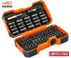For slotted, Phillips, Pozidriv, hexagonal, TORX®, TORX® tamper, Robertson head screws

Includes 100 pieces with 97 bits
1 magnetic universal bit holder, 1 magnetic quick release bit holder and 1 socket adaptor 1/4"
25 mm: SL4.5, SL5.5, PH1 x2, PH2 x9, PH3, PH2G x5, PZ1 x2, PZ2 x9, PZ3, T10 x3, T15 x5, T20 x15, T25 x8, T27, T30 x15, T40 x3, TR10, TR15, TR20, TR25, TR30, HEX3, HEX4 x3, HEX5, HEX6 x3, HEX8, Rob 1,2

Features:
For universal use
High performance alloy steel
Zinc phosphate finish
PH2G bits for use with reduced shaft diameter for drywall construction
TORX® bits are coloured to easy identify the size of the tip
1/4" hex drive DIN 3126 and ISO 1173, style C 6.3
1/4" square socket adaptor, ball type for regular nut driver socket (style C 6.3)
Universal bit holder with strong magnet (style E 6.3)
Magnetic quick release bit holder with lock in type system (style E 6.3)
The box is robust, tough and durable and gives a very good protection of the bits