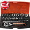 The Bahco SL25 is complete with 12 sockets made from hardened chrome vanadium, a bit set with a dynamic drive profile and a quick release small quality ratchet. Ideal for the home, garage or car this will give years of service, made from a hard wearing steel material. With all the most common sized sockets, so well equipped to tackle any job in or around the home. The ratchet has a compact sturdy soft-grip handle with a thumb slide direction lever and there is a 1/4 inch 100mm extension bar for hard to reach places, 6 piece Torx bit set for security type bolts, 2 PH standard screwdriver bits and 2 Hex drive bits. Supplied in a sturdy high density polythene carry case with sponged lining labelled with the corresponding items for quick and easy identification.

Contents:
12 x 1/4" Sockets: 4, 4.5, 5, 5.5, 6, 7, 8, 9, 10, 11, 12, 13mm
1 x Ratchet 1/4" compact length only 125 mm
2 x 1/4" PH 2
2 X 1/4" HEX Bit -5,6mm
6 x TORX - 10, 15, 20, 25, 30, 40
1 x 1/4" Bit holder with locking spring
1 x 1/4" x 100mm Extension bar

Bahco Quality:
Matte finish
High-performance alloy steel
Standards: ISO 1174 and DIN 3120
Quick socket release button on ratchet
Less wear and damage to fastener thanks to Dynamic-Drive™ profile sockets
Case: High density polythene (HDPE), 35 mm x 165 mm x 85 mm, SPAR-CASE-A6