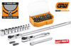 The GEARWRENCH 1/4" drive slim head ratchets feature a 72 tooth gear mechanism giving a 5° swing arc to turn a fastener in tight spaces. 
The locking slim head design allows for excellent access to hard to reach fasteners and are available in a 12" long length and a 6" stubby length. 
The 45 piece set includes both the long and stubby ratchets, a 1/4" x 4" extension, ten full polish chrome metric sockets, two 1/4" drive ratchet adapters, and a 30 piece screwdriver bit box with Phillips®, slotted, hex, & Torx® bits.

Features
72-tooth ratchet turns fasteners with a 5° swing arc
Multi-functional adaptor head converts between bit driver and 1/4" drive ratchet
Locking flex-head has 9 positions for maximum access
Includes 152mm (6") & 305mm (12") slim head ratchets for access to a wider variety of fasteners
Slim line head design - 19mm (0.73”) wide, 12mm (0.49”) thick - for improved access
Flush-mounted forward/reverse lever
Bright, full polish chrome finish easily wipes clean and resists corrosion
Sockets feature off-corner loading design to reduce fastener rounding
Bits made of S2 steel for strength and durability
Ratchet/bit driver head and ratchet adapter meet or exceed all ASME specifications

Specifications
Weight (Catalog) :  2.020 lb
Drive Tang Size : 1/4 in
Knurled : No
Flexible : Yes
ANSI Specification : Meets or Exceeds
Type : Ratchet and Socket Set Mechanics Tool Set
Size : 4mm 5mm 6mm 7mm 8mm 9 mm 10 mm 11mm 12mm 13 mm
Included Storage :  Plastic Case
Set Size Range Max : 13mm
Locking : Yes
Magnetic : No
Set Size Range Min : 4mm
Ratchet Head Style : Slim Head
Material : Alloy Steel
Set Piece Count : 45
Reversible : Yes
Handle Style : Contoured
Ratchet Handle Type : Locking Flex
Length Format : Standard
Finish : Full Polish Chrome
Quick Release : Yes
Tooth Count : 72
ASME Specification : Meets or Exceeds

Contains
81025 - 1/4" Drive 72-Tooth Quick Release Locking Flex Slim Head Ratchet 6"
81030 - 1/4" Drive 72-Tooth Quick Release Locking Flex Slim Head Ratchet 12"
81114D - 1/4" Drive Extension 4"
80125 - 1/4" Drive 6 Point Standard Metric Socket 4mm
80126 - 1/4" Drive 6 Point Standard Metric Socket 5mm
80128 - 1/4" Drive 6 Point Standard Metric Socket 6mm
80129 - 1/4" Drive 6 Point Standard Metric Socket 7mm
80130 - 1/4" Drive 6 Point Standard Metric Socket 8mm
80131D - 1/4" Drive 6 Point Standard Metric Socket 9mm
80132 - 1/4" Drive 6 Point Standard Metric Socket 10mm
80133 - 1/4" Drive 6 Point Standard Metric Socket 11mm
80134 - 1/4" Drive 6 Point Standard Metric Socket 12mm
80135D - 1/4" Drive 6 Point Standard Metric Socket 13mm