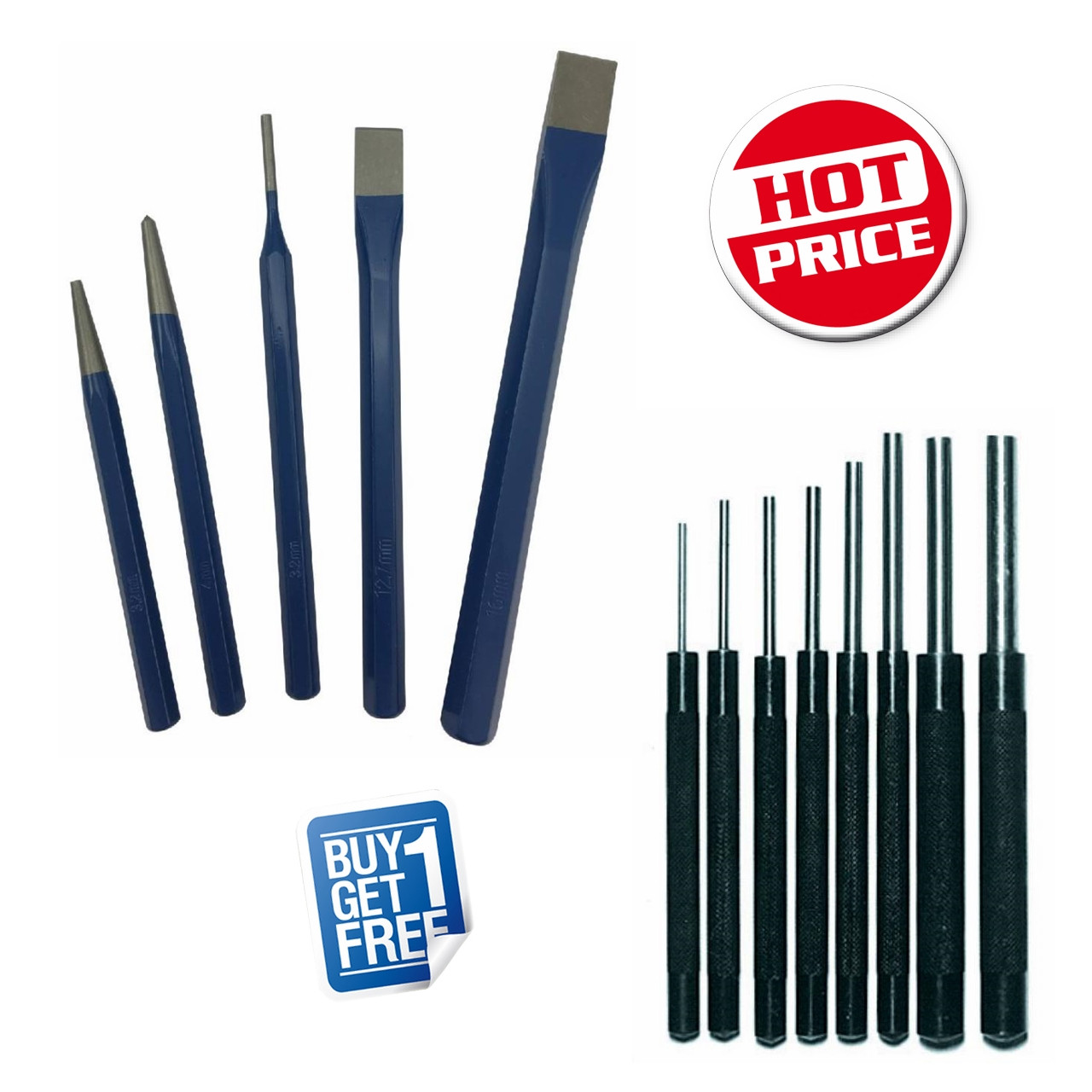 MedalTech 8 Pce Steel Pin Punch Set + Bonus Chisel Set