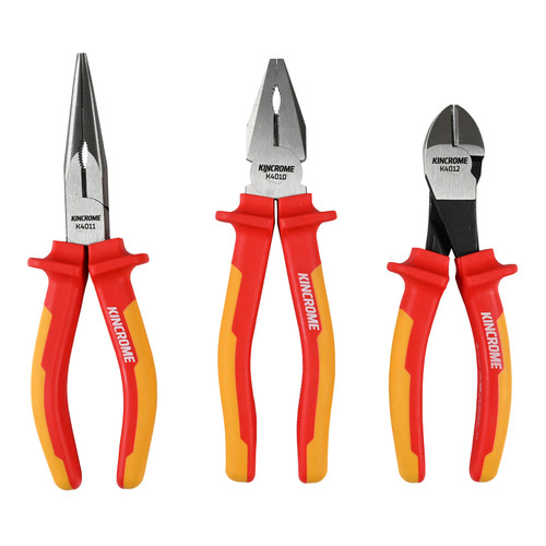 Discover Kincromes 3PCE fully insulated 1000V VDE certified pliers, the ultimate tools for professionals working with high-voltage applications. Designed for superior performance and safety, these pliers are perfect for demanding electrical and industrial tasks.

Made from durable Chromium Molybdenum steel (Cr-Mo), they provide exceptional strength and longevity. The high-leverage diagonal cutter ensures effortless cutting with minimal fatigue, while the combination and long nose pliers feature gripping zones for flat and round materials, delivering unmatched versatility.

Certified for up to 1000V and rigorously tested at 10,000V by the internationally accredited VDE institute in Germany, these pliers meet the strict DIN EN IEC 60900:2018 standard. Whether you're working on general electrical projects, industrial equipment, renewable energy systems, or EV vehicles, you can trust these pliers to get the job done safely and efficiently.

The dual-colour ergonomic handles with slip guards offer a secure, comfortable grip, reducing hand strain during extended use and enhancing control for precise handling.

Versatile, durable, and reliable, these pliers are the perfect companion for any high-voltage task. Invest in tools that provide the performance, protection, and confidence you need to work smarter & safer. 

Features
 Fully insulated 1000V VDE certified Pliers
 Manufactured from Chromium Molybdenum steel (Cr-Mo)
 Dual colour, Insulated, ergonomic & comfortable grips with slip guards for added safety
 Suitable for work use on general electric, industrial equipment, renewable energy systems, EV Vehicles / Charging stations & other high voltage equipment
 Tested at 10,000V high voltage by an internationally accredited institute and proved to meet the DIN EN IEC 60900:2018 standard
 High leverage diagonal cutter for effortless cutting & reduced fatigue
 Combination & long nose pliers include gripping zones for flat or round materials