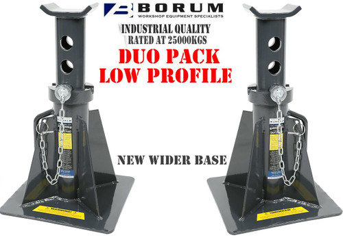 Features
Manufactured from high-grade steel and built to exacting standards for quality and durability
Lead-free paint finish is applied after a thorough chemical wash to ensure a long-lasting finish and to help prevent rust
Paint is oil, grease and dirt-resistant for easy cleanup
High strength locking pin
Controlled pin holes for easy height adjustments
Turned post slide for easy quick adjustments
Heavy-gauge steel Gusseted uprights prevent distortion or twisting
Rugged base provides plenty of stability
Conveniently located carry handle
Specifications
Safe Working Capacity: 25,000kg (individually rated but must be used in pairs for safe usage)
Maximum Height: 539mm
Minimum Height: 415mm
Adjustable increments: 65mm
Base Dimensions: 300 x 330mm
Carton: 430 x 380 x 380mm (Single unit)
Weight: 24.4kg (each)
Intended Use

Heavy duty fleet and maintenance workshops where a lifted vehicle or trailer is to be supported before conducting servicing or repair work.

IMPORTANT:   NEVER get beneath a vehicle that is only supported by a jack. ALWAYS chock the vehicle wheels and use jack stands.