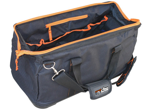 Semi-rigid construction allows wide open mouth to maintain shape.
Easy access pockets and compartments for your storage needs.
Heavy duty fabric & moulded waterproof base for long lasting durability.
Padded shoulder strap is removable & adjustable.
Moulded rubber handle provides a slip-resistant grip.

580w x 540d x 380h (mm)
1  Tool pouch
9 tool pockets 
5 velcro pockets
1  Zippered 
8 tool pockets